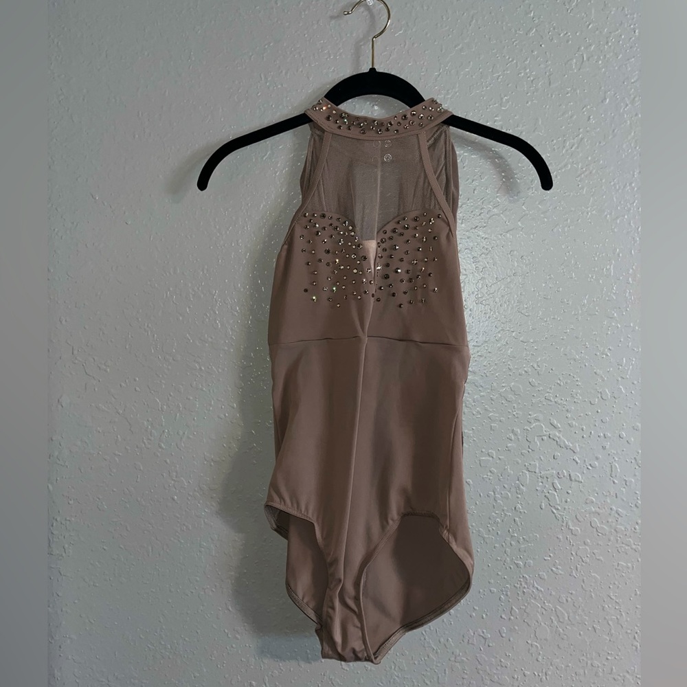 Taupe dance costume leotard with back drape and rhinestones